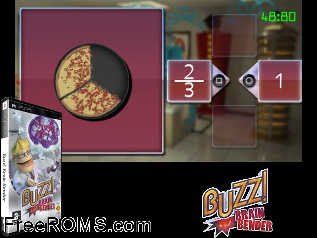 Buzz! Brain Bender (Europe) PSP game showing 3D box cover and gameplay screenshot