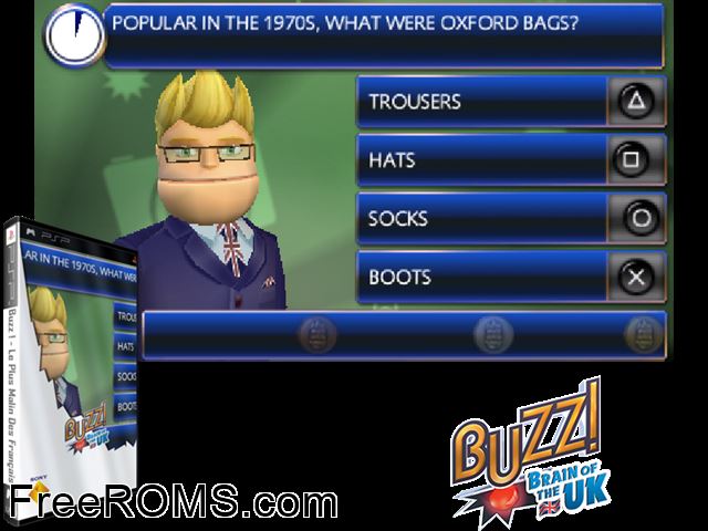 Buzz! Brain of The UK (Europe) PSP game showing 3D box cover and gameplay screenshot
