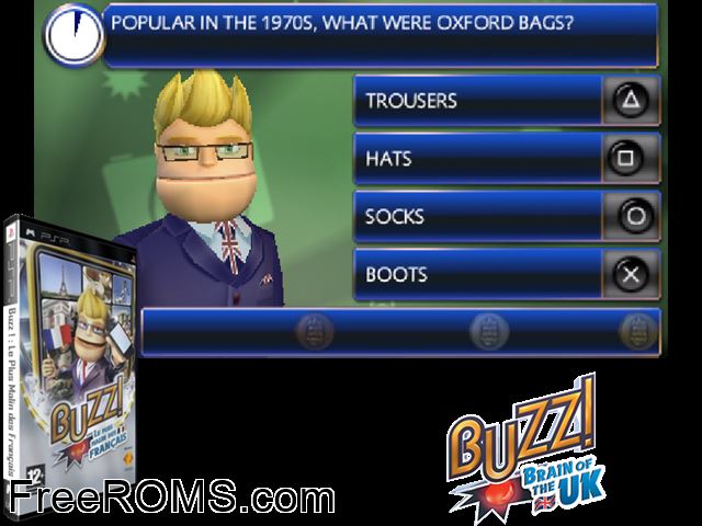 Buzz! Le Plus Malin Des Francais (France) PSP game showing 3D box cover and gameplay screenshot