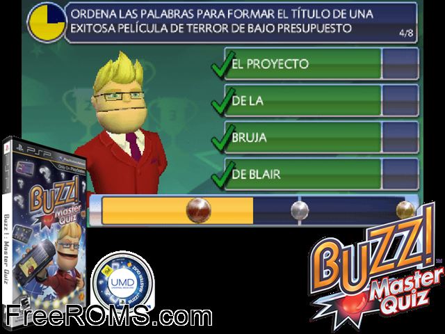 Buzz! Master Quiz PSP game showing 3D box cover and gameplay screenshot