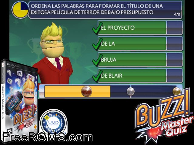 Buzz! Master Quiz (Europe) PSP game showing 3D box cover and gameplay screenshot