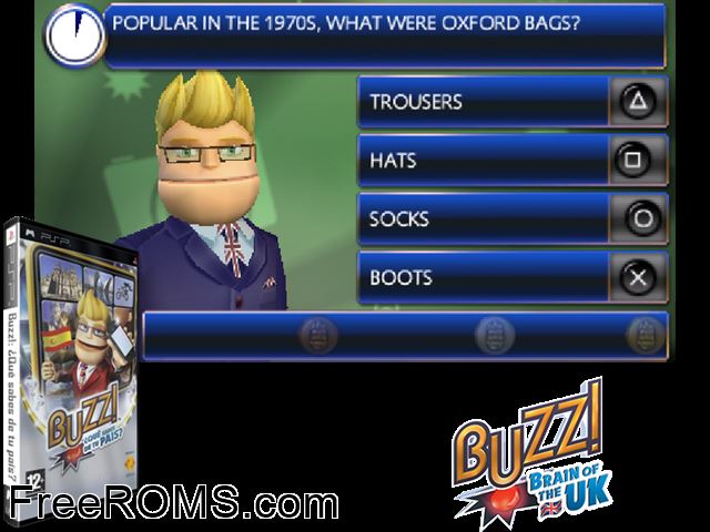 Buzz! Que Sabes de tu Pais (Spain) PSP game showing 3D box cover and gameplay screenshot
