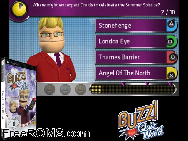 Buzz! Quiz World (Europe) PSP game showing 3D box cover and gameplay screenshot
