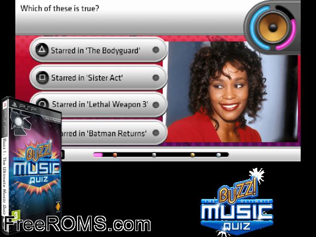 Buzz! The Ultimate Music Quiz (Europe) PSP game showing 3D box cover and gameplay screenshot