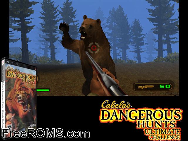 Cabela's Dangerous Hunts - Ultimate Challenge (Europe) PSP game showing 3D box cover and gameplay screenshot