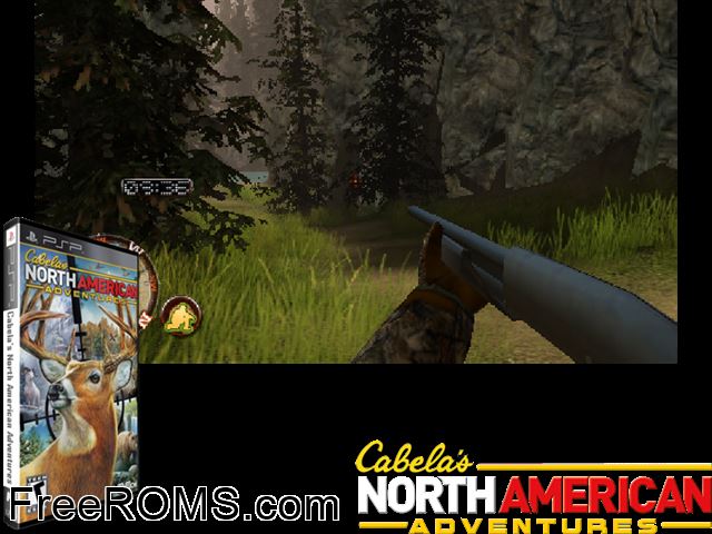 Cabela's North American Adventures PSP game showing 3D box cover and gameplay screenshot