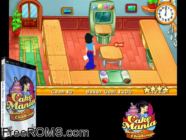 Cake Mania - Baker's Challenge PSP game showing 3D box cover and gameplay screenshot