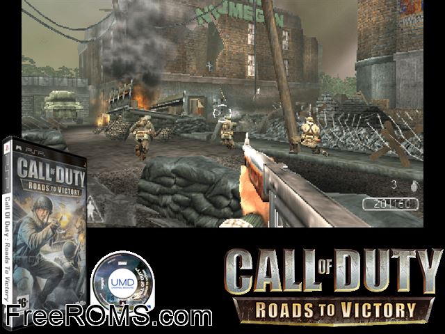 Call of Duty - Roads to Victory (Europe) PSP game showing 3D box cover and gameplay screenshot