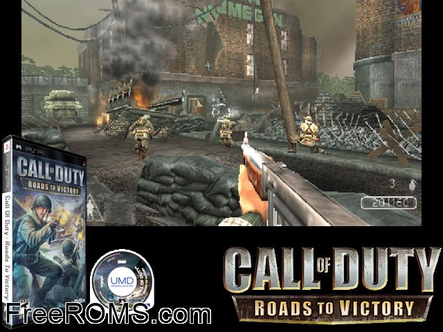 Call of Duty - Roads to Victory (Germany) PSP game showing 3D box cover and gameplay screenshot