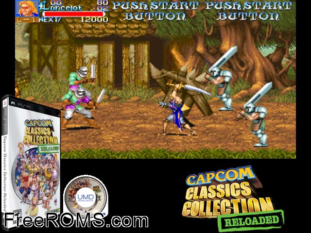 Capcom Classics Collection Reloaded PSP game showing 3D box cover and gameplay screenshot