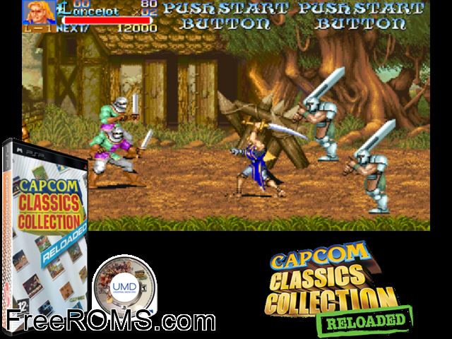 Capcom Classics Collection Reloaded (Europe) PSP game showing 3D box cover and gameplay screenshot