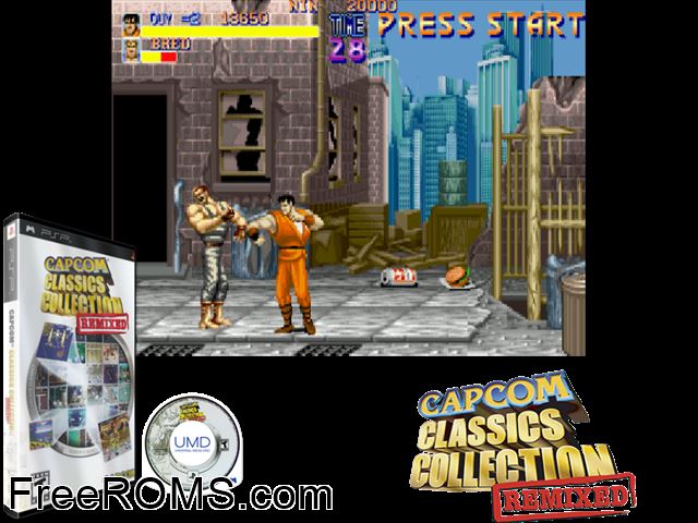 Capcom Classics Collection Remixed (China) PSP game showing 3D box cover and gameplay screenshot