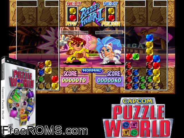 Capcom Puzzle World (Europe) PSP game showing 3D box cover and gameplay screenshot