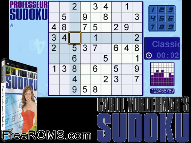 Carol Vorderman's Sudoku PSP game showing 3D box cover and gameplay screenshot