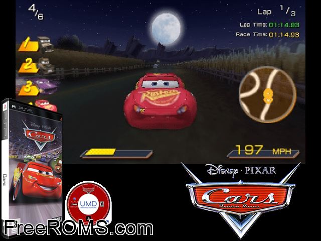 Cars (France) PSP game showing 3D box cover and gameplay screenshot