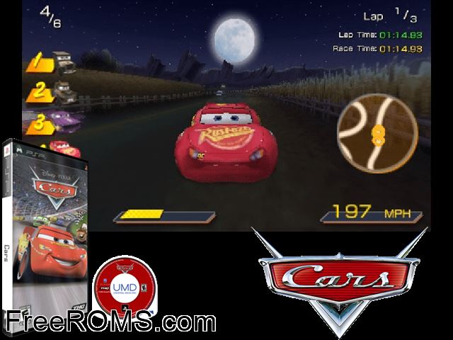 Cars (Germany) PSP game showing 3D box cover and gameplay screenshot