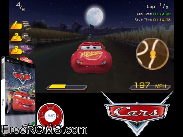 Cars (Korea) PSP game showing 3D box cover and gameplay screenshot
