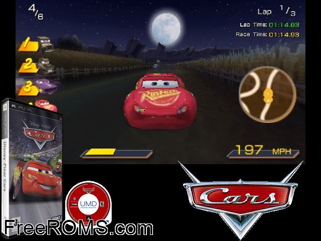 Cars (Spain) PSP game showing 3D box cover and gameplay screenshot