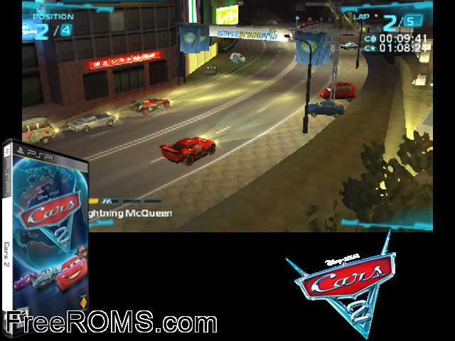 Cars 2 PSP game showing 3D box cover and gameplay screenshot