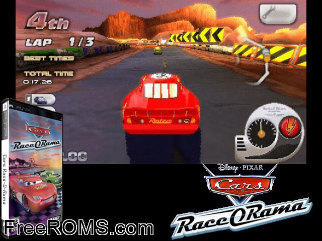 Cars Race-O-Rama PSP game showing 3D box cover and gameplay screenshot