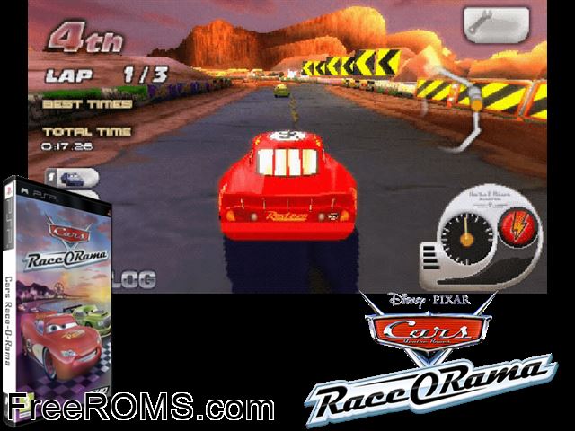 Cars Race-O-Rama (Europe) PSP game showing 3D box cover and gameplay screenshot