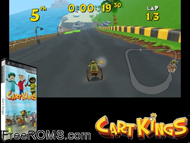 Cart Kings Europe (M2) PSP game showing 3D box cover and gameplay screenshot