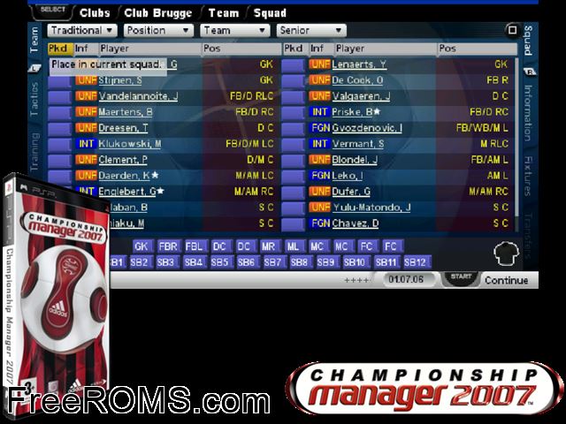 Championship Manager 2007 (Europe) PSP game showing 3D box cover and gameplay screenshot