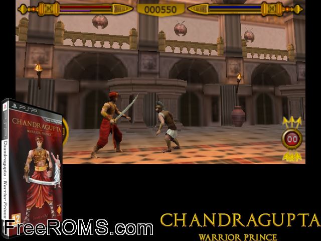 Chandragupta - Warrior Prince Europe (M2) PSP game showing 3D box cover and gameplay screenshot