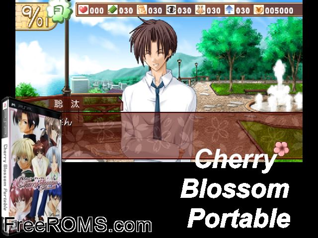 Cherry Blossom Portable (Japan) PSP game showing 3D box cover and gameplay screenshot