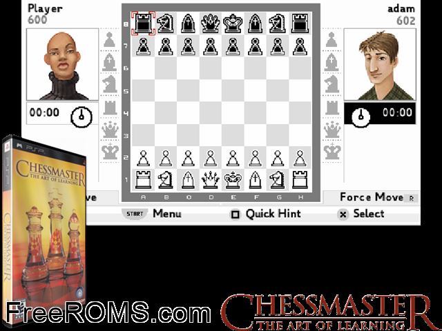 Chessmaster - The Art of Learning (Europe) PSP game showing 3D box cover and gameplay screenshot