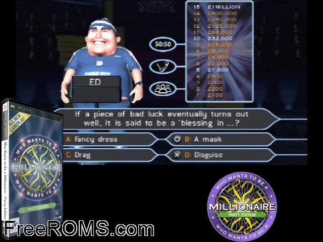 Chi Vuol Essere Milionario - Party Edition (Italy) PSP game showing 3D box cover and gameplay screenshot