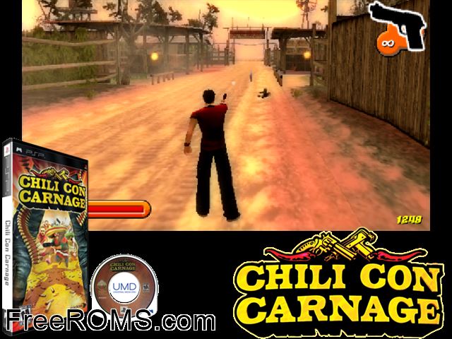 Chili Con Carnage PSP game showing 3D box cover and gameplay screenshot