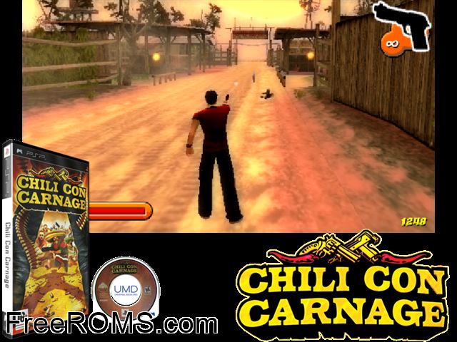 Chili Con Carnage (Europe) PSP game showing 3D box cover and gameplay screenshot