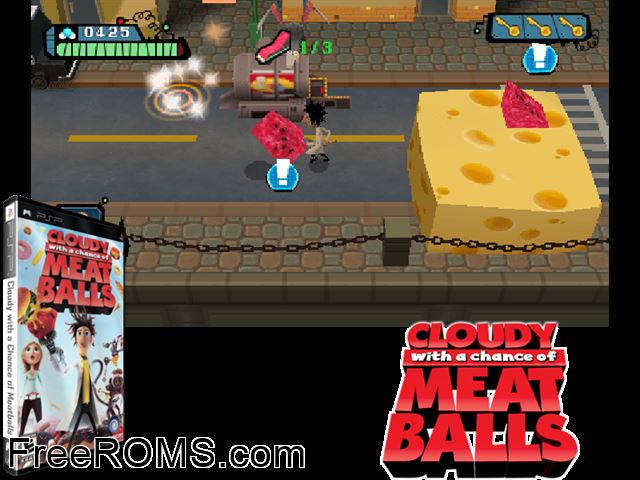 Cloudy With a Chance of Meatballs PSP game showing 3D box cover and gameplay screenshot