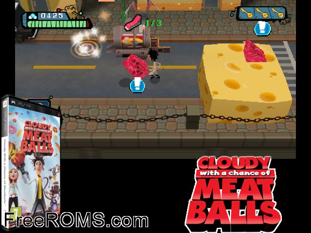 Cloudy With a Chance of Meatballs (Europe) PSP game showing 3D box cover and gameplay screenshot