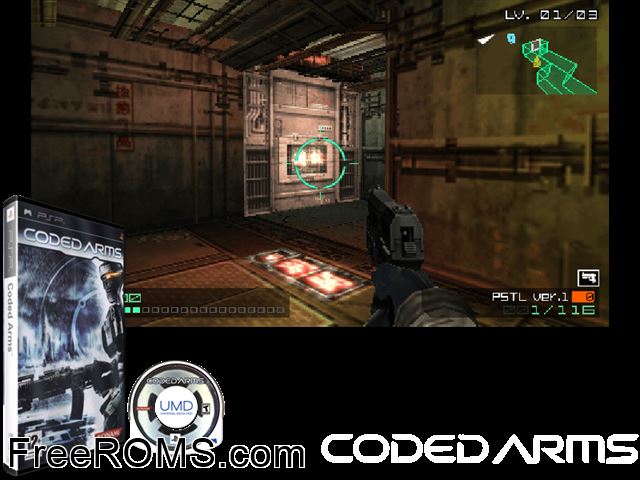 Coded Arms (China) PSP game showing 3D box cover and gameplay screenshot