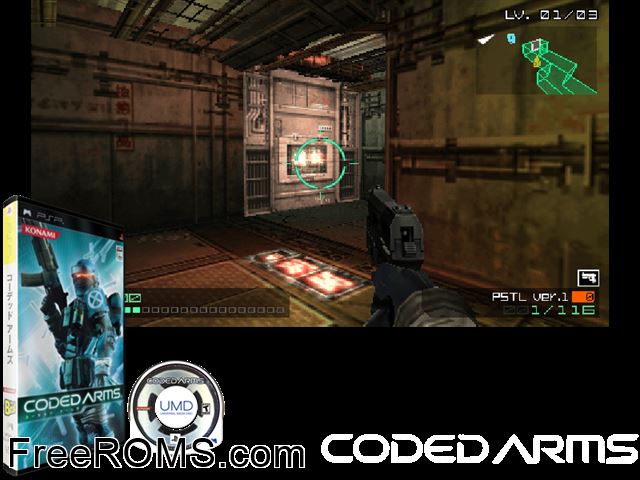 Coded Arms (Japan) PSP game showing 3D box cover and gameplay screenshot
