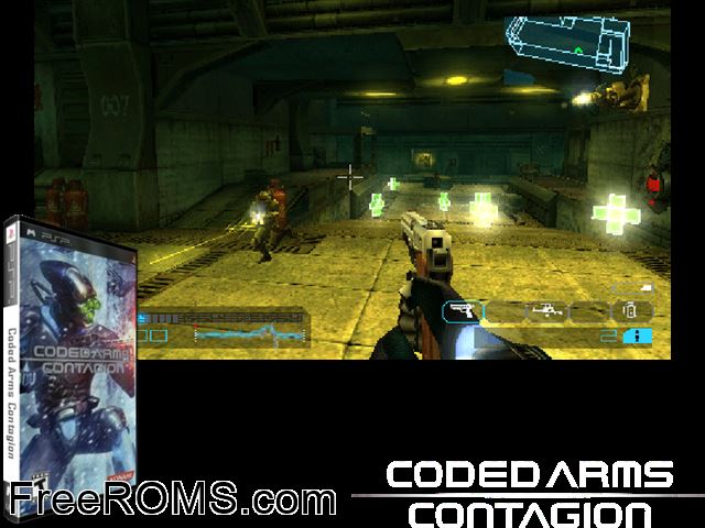 Coded Arms - Contagion PSP game showing 3D box cover and gameplay screenshot