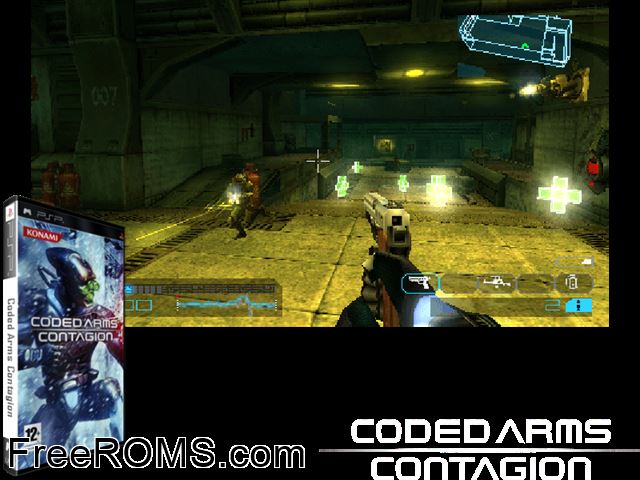 Coded Arms - Contagion (Europe) PSP game showing 3D box cover and gameplay screenshot