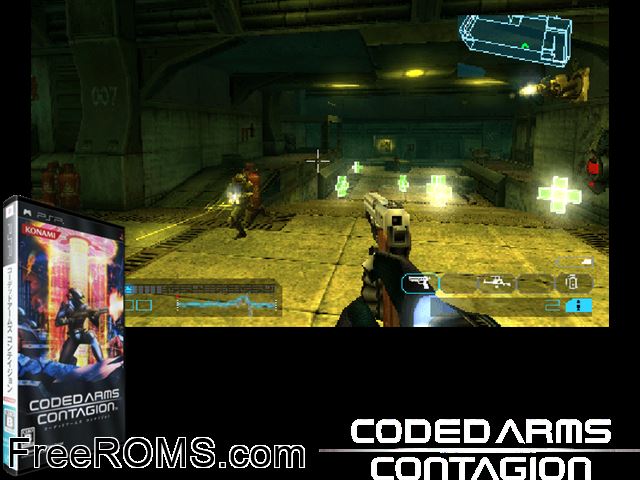 Coded Arms - Contagion (Japan) PSP game showing 3D box cover and gameplay screenshot
