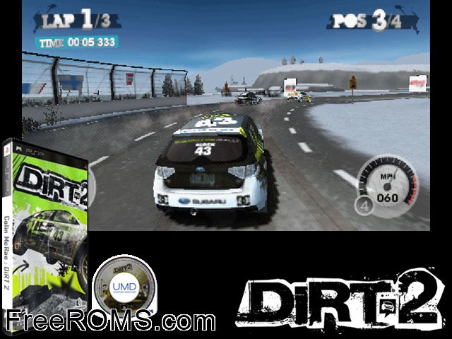 Colin Mcrae - Dirt 2 PSP game showing 3D box cover and gameplay screenshot