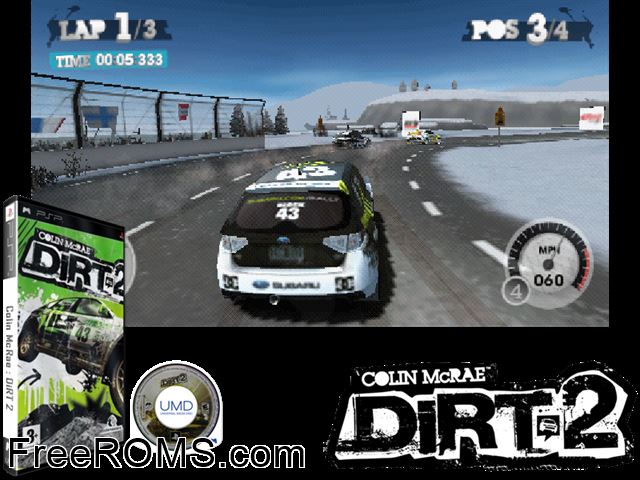 Colin Mcrae - Dirt 2 (Europe) PSP game showing 3D box cover and gameplay screenshot