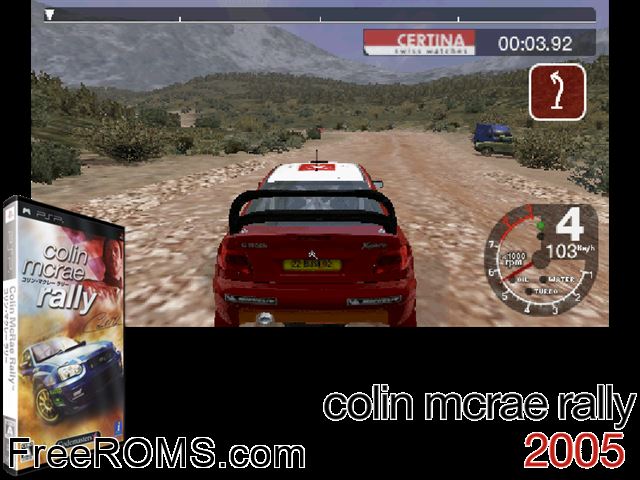 Colin Mcrae Rally (Japan) PSP game showing 3D box cover and gameplay screenshot