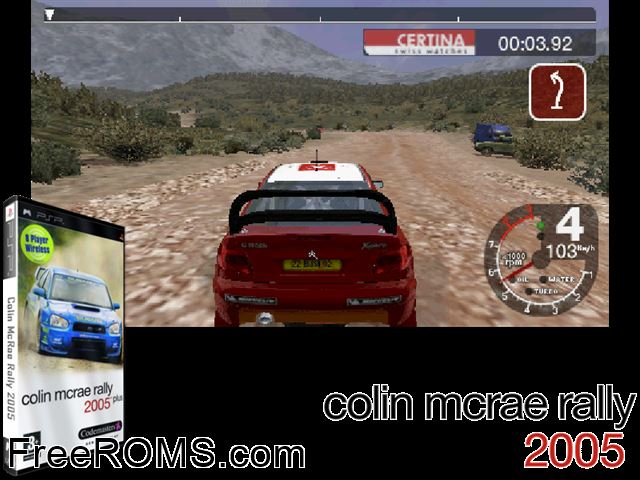 Colin Mcrae Rally 2005 Plus (Europe) PSP game showing 3D box cover and gameplay screenshot