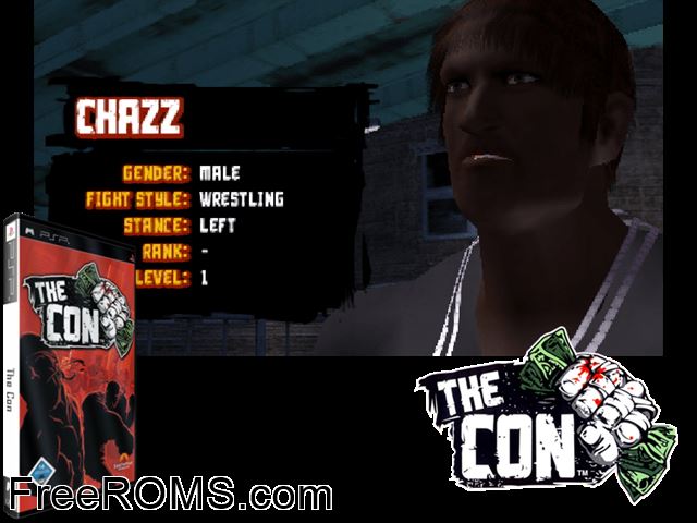 Con, The (Europe) PSP game showing 3D box cover and gameplay screenshot