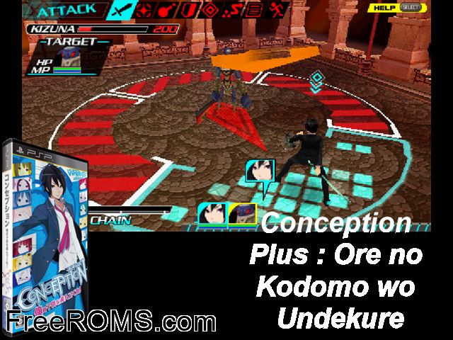 Conception - Ore no Kodomo O Unde Kure!! (Japan) PSP game showing 3D box cover and gameplay screenshot