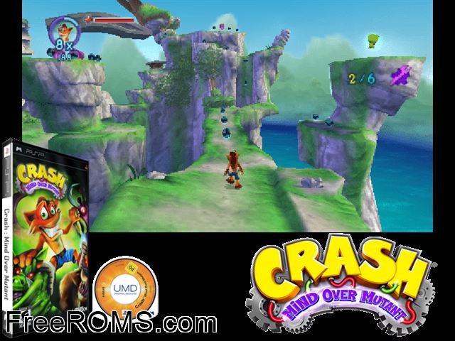 Crash - Mind Over Mutant (Europe) PSP game showing 3D box cover and gameplay screenshot