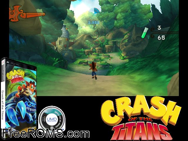 Crash of The Titans PSP game showing 3D box cover and gameplay screenshot