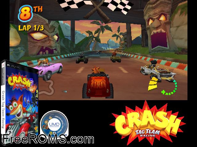 Crash Tag Team Racing (Europe) PSP game showing 3D box cover and gameplay screenshot