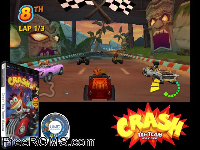 Crash Tag Team Racing (Spain) PSP game showing 3D box cover and gameplay screenshot